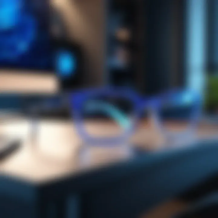Elegant blue light blocking glasses on a desk