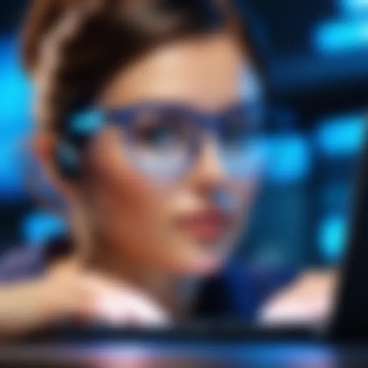 User wearing blue light glasses while working on a laptop