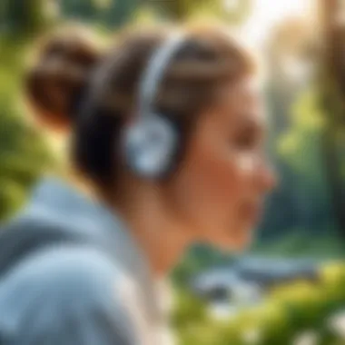 Individual enjoying music with Bluetooth earbuds in a serene environment