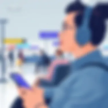 User enjoying music with wireless headphones in an airport setting