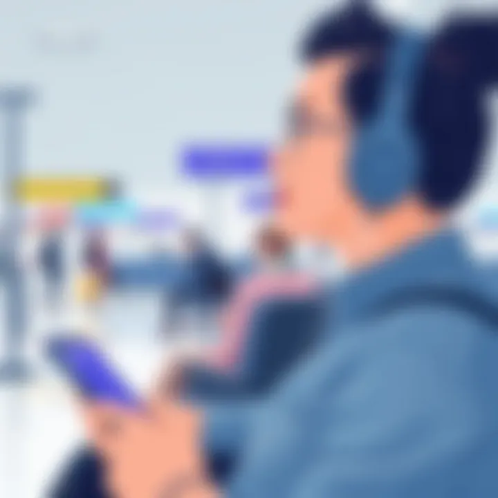 User enjoying music with wireless headphones in an airport setting