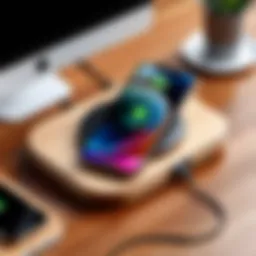 Sleek wireless charger on a wooden desk with an iPhone 12
