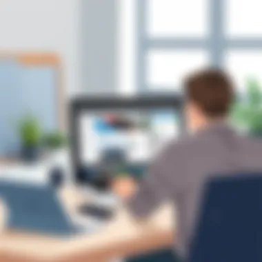 User interacting with Mac Air laptop in a modern workspace