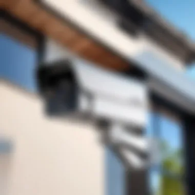 A sleek outdoor security camera mounted on a modern home