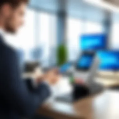 Mobile Payment Device in Office Environment A professional using a mobile payment device in a modern office setting.