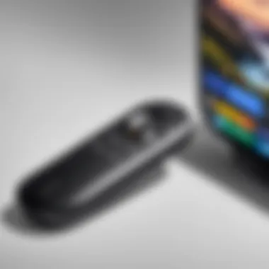 Sleek Design of Chromecast with Google TV A close-up view of Chromecast with Google TV showcasing its sleek design and remote control.