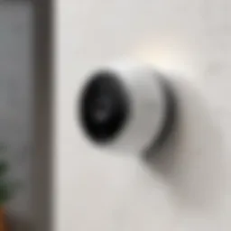 A modern HomeKit enabled security camera mounted on a wall