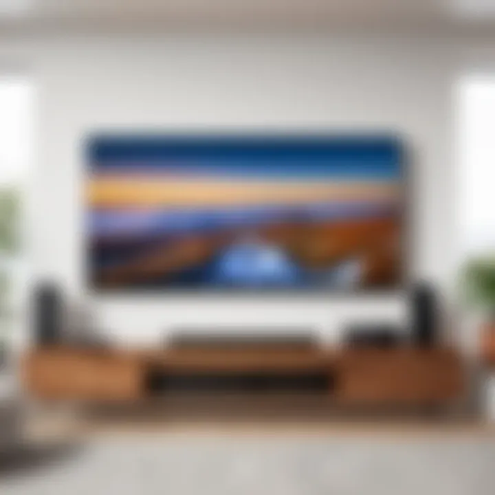 Setup illustration demonstrating sound bar installation in a living room.