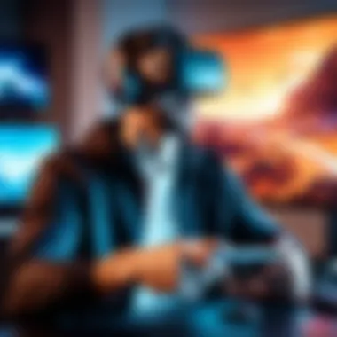 Gamer Engaged in Virtual Reality A gamer using VR technology in a richly detailed game scene.