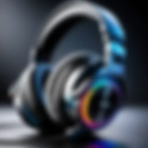 A close-up view of a high-fidelity gaming headset with RGB lighting.