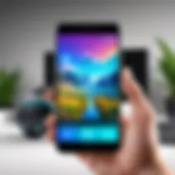 A smartphone displaying a vibrant virtual reality app interface