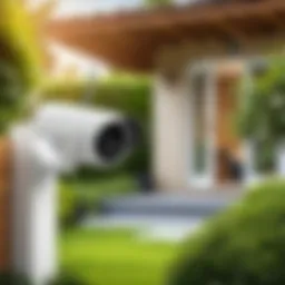 Wireless outdoor security camera in a garden setting