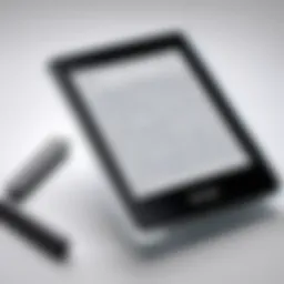 A close-up view of the Kindle device showcasing its sleek design and e-ink display.