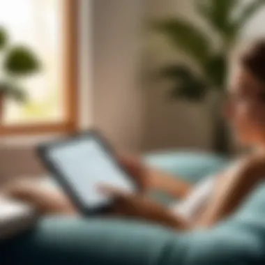 Reading with Kindle in a Relaxing Setting A user engaging with a Kindle in a tranquil reading environment.