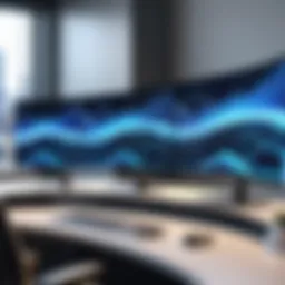 Professional workspace featuring dual curved monitors