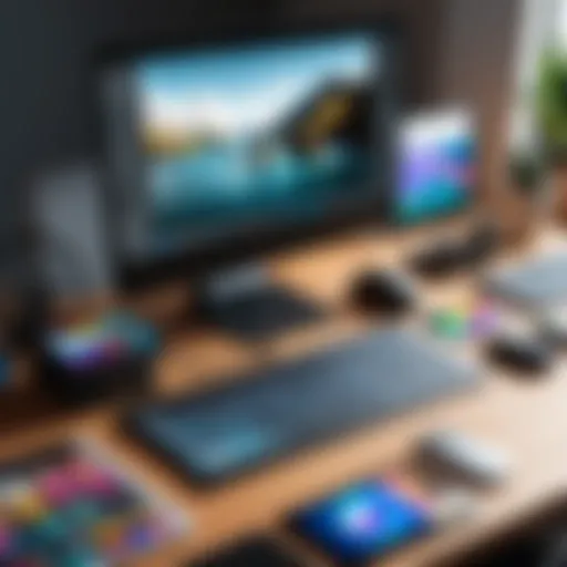 An intricate workspace showcasing Photoshop tools and palettes