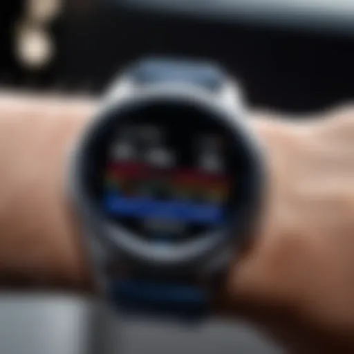 Close-up shot of a Samsung watch displaying fitness metrics