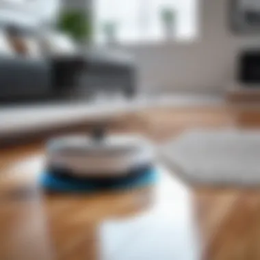 A sleek robot mop navigating a modern living room