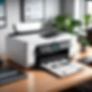 Stylish All-in-One Printer Design A sleek all-in-one printer on a modern office desk