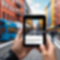 User utilizing Google Translate camera feature in an urban setting