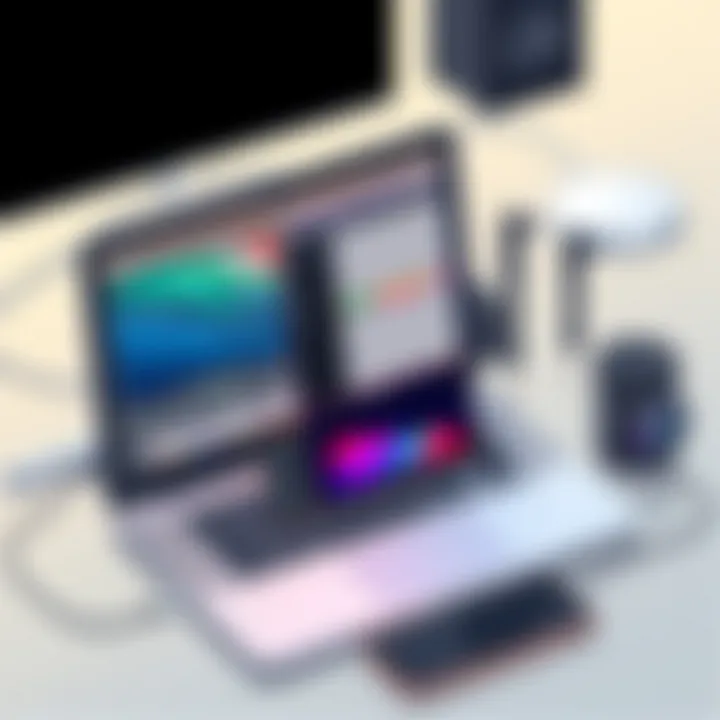 Illustration of MacBook Air with essential music production accessories