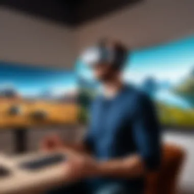 Engaging Virtual Experience User enjoying a VR experience in a virtual landscape